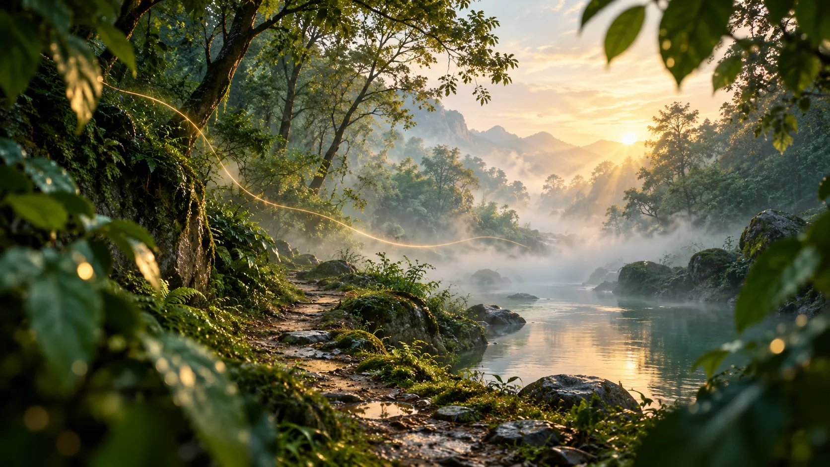 Sendero junto al agua que conduce hacia la luz del amanecer