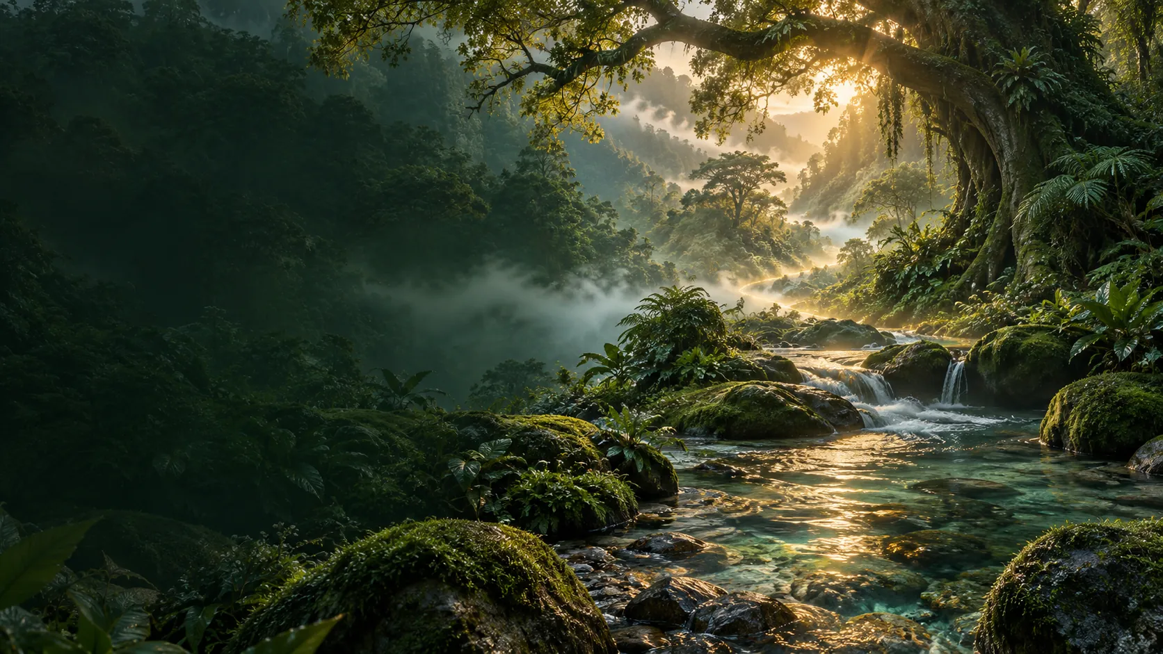 Arroyo entre piedra y árboles antiguos iluminado por el amanecer